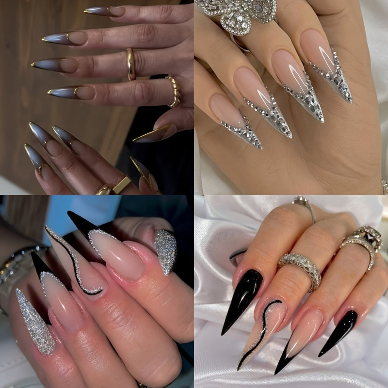 96 PCS 4PACK Long Stiletto Glossy Rhinestone Press on Nails with Glue, Bling Glitter French Tip Acrylic Almond Artificial Nails in Nude Pink Stick on False Nails with Design